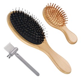 LESNIC Pig Hair Brush, Women's, Popular, Comb, Bamboo, Mini Paddle Brush, Tangle Teaser, Scalp Massage Brush, Boar Hair, Hair Comb, Men's, Tangle-Free, Glossy Hair, Improves Hair Quality