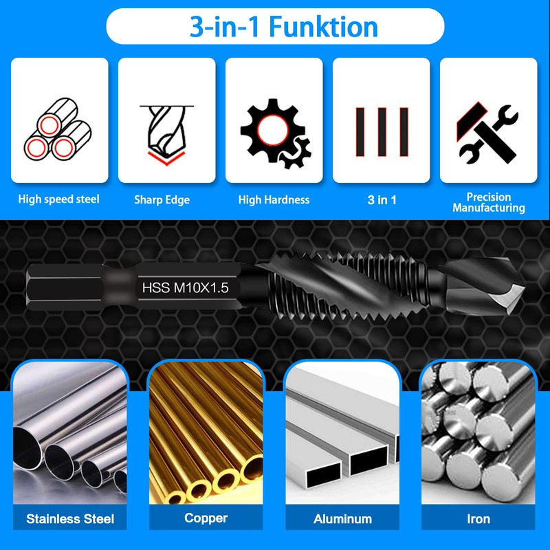 Set of 6 M3 Combination Drill & Tap Set, Thread