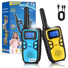 Wishouse Walkie Talkies for Kids Rechargeable Long Range,Xmas Birthday Gift for 4 5 6 7 8 9 Year Old Boys Girls,Hiking Gear Camping Games Cool Toys with NOAA,SOS Siren,Lamp,Lanyards,2 Pack Blue Yellow