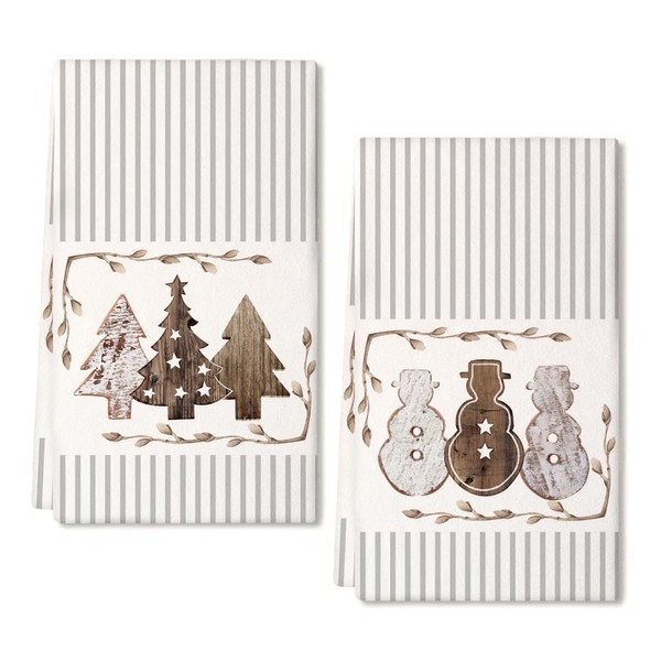 ARKENY Christmas Kitchen Towels Set of 2,Beige Xmas Tree Snowman Dish Towels 18x26 Inch,Hoilday Farmhouse Home Decoration AD098