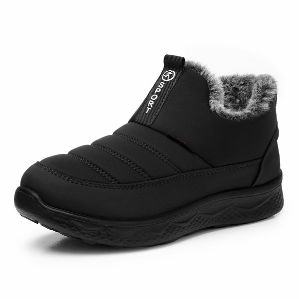 SHIBEVER Womens Winter Snow Boots: Black Boot for Women Non Slip Ankle Booties Warm Fur Lined Waterproof Flat Shoes Size 8.5