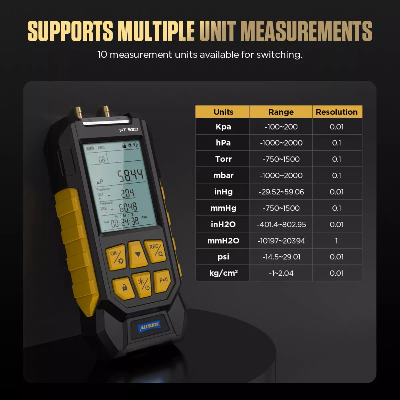 AUTOOL Portable Digital Manometer Dual Port Air Vacuum Pressure Gauge