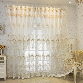 Amidoudou 1 Pair European Style Curtains Double Layer with Valances for Living Room Luxury 3D Flower Embroidered Semi-blackout Curtains for Bedroom (White,51x90 Inch)