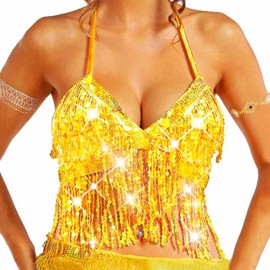 Evlry Sequin Dance Top, Halter Top with Golden Tassel, Glitter Bra Top, Crop Top for Rave Party and Club for Women and Girls, gold