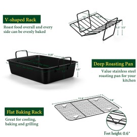E-far Roasting Pan with Racks, Small Stainless Steel Turkey Roaster with V-Shaped & Cooling Rack for Oven, 14 Inch Nonstick Deep Broiler Pan with Handles for Baking Chicken Lasagna Meat, Heavy Duty