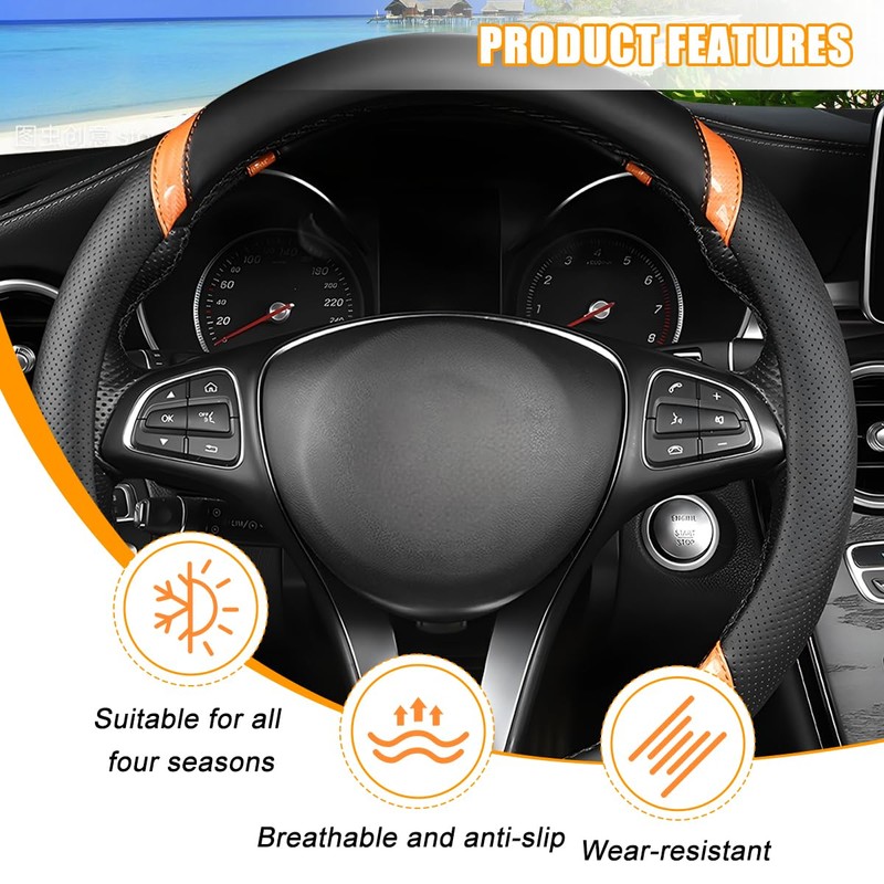 Sandfren Carbon Fiber Car Steering Wheel Cover, 15 Inch Breathable