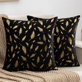 Cheekywares Cushion Covers Black Set of 2 Velvet Throw Pillow Covers Gold Feather Bronzing Flannelette Decorative Pillow Cases for Couch Bedroom Sofa Car Home Living Room Decor 45x45cm
