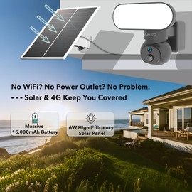 Solar Powered 4G Cellular LTE Wireless Floodlight Security Camera, No WiFi Needed Outdoor PTZ Cam, Perfect for Farm, Ranch, Construction Site, Built-in 64GB SD Card