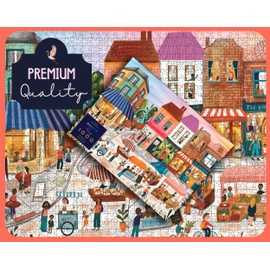 Elena Essex Puzzles 1000 Pieces - Market Day, Puzzles for Adults 1000 Pieces, Summer Landscape Shops Village Town Scene Puzzle, Size 28 x 20 inches