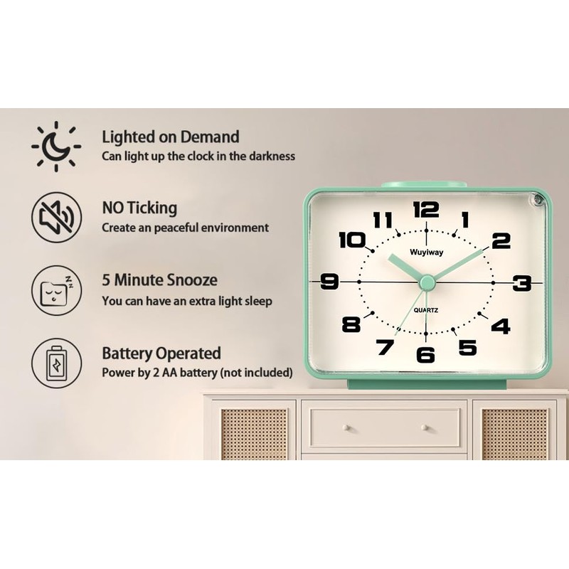 Wuyiway Analog Alarm Clock for Bedroom,Silent Non Ticking,Lighted on Demand