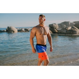 GUGGEN Mountain Swimming Trunks for Men Quick-Drying Swimming Shorts 596 with Drawstring Beach Shorts Board Shorts Swimming Trunks Men with Pattern Blue Yellow Stripes, orange / blue