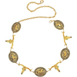 Cinturón de Cadena Occidental Decorativo, Medallones de Caballo y Calaveras, 65-105 cm