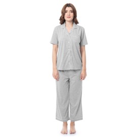 Fruit of the Loom Women's Pipped Button Down Sleep Set, Light Grey Heather