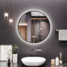 YIDABATH Round Bathroom Mirror with Lights, 28x28 Inch Vanity Mirror with Backlit, Anti-Fog, 3 Colors and Stepless Dimmable Wall Mounted Makeup Mirror with Metal Frame (Black)