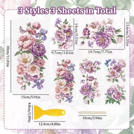 WANDIC 3PCS Rub On Transfer Stickers, Purple Dreamy Flowers Transfer Decals for Furniture Refrigerator Cabinet Scrapbook Window, 15 * 30cm