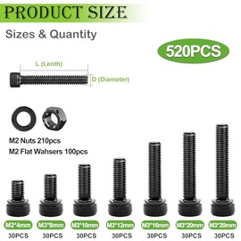 mxuteuk Kit surtido de tornillos M2, pernos y tuercas de cabeza hexagonal M2 x 4/6/8/10/12/16/20mm, 520 piezas de acero de aleación grado 12.9, tornillos métricos pequeños adecuados para impresoras 3D