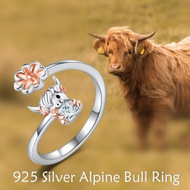 NIFUNAO Highland Cow Adjustable Rings for Women 925 Sterling Silver Highland Cow Jewelry Open Ring for Women Animal Lovers
