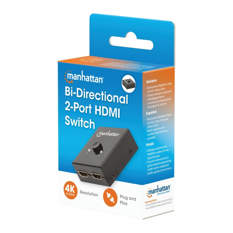 Manhattan Products 4K BI-Directional 2-Port HDMI Splitter/Switch, 4K@30Hz, Manual Selection,