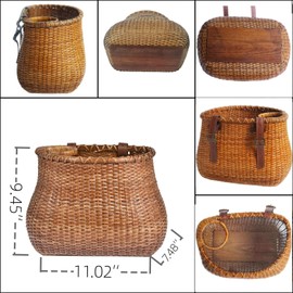 Hand-Woven Bicycle Basket, Vintage Wicker Bike Basket with Cup Holder and Adjustable Leather Belt - Waterproof and Versatile Front Handlebar Case, Natural Rattan Bike Storage Basket