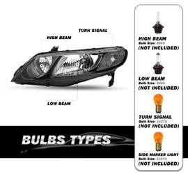 SOCKIR Headlight Assembly Compatible with 2006-2011 Honda Civic 4-Door Sedan Headlamp Pair Replacement Passenger and Driver Side (Black Housing with Clear Reflector)