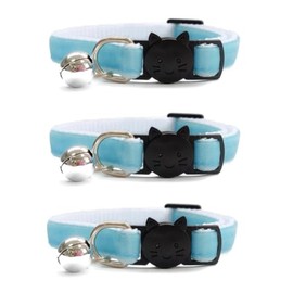 Velvet Cat Collars with Bell. Safe Breakaway Quick Release Buckle. Available in Cat & Kitten Size (Pack of 3) (Kitten Collar (15cm - 23cm), Baby Blue Velvet (Pack of 3))