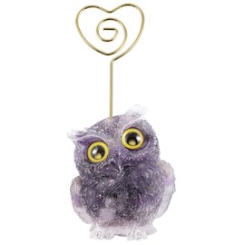 KYEYGWO Owl Statue Table Number Holders Desk Memo Clip, Crystal Animal Heart Shaped Place Card Holder for Wedding Reception, Amethyst