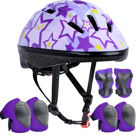 Asslen Kids Bike Helmet Suitable for Ages 3-8 Years Boys Girls, Adjustable Toddler Helmet with Knee Elbow Pads Wrist Guards Sports Protective Gear Set for Bike Bicycle Skateboard Scooter-Purple