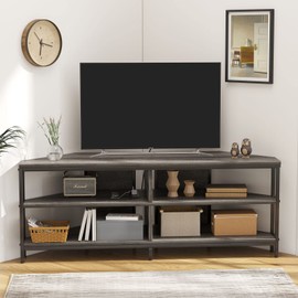 MUTUN Corner TV Stand with Power Outlet, Corner TV Stand for 32 43 50 55 60 Inch TV, Corner Entertainment Center, Industrial TV Console Table for Living Room Bedroom, 55 Inch, Grey Oak