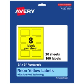 Avery Printable Rectangle Labels with Sure Feed Technology, 2" x 3", Neon Yellow Labels, Print-to-The-Edge, Laser/Inkjet, 160 Total, Great for Mailing Labels and Candle Labels