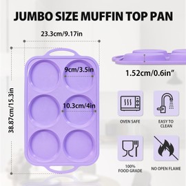 Vnray 4 Inch Jumbo Silicone Muffin Top Pan with Metal Frame, Non Stick Silicone Egg Mold for Oven, Large Whoopie Pie Baking Pan with Handle for English Breakfast Sandwich, Egg Bite, Bun Tart, Purple