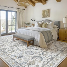 GENIMO Washable Area Rugs for Living Room Bedroom, 8x10 Boho Vintage Non Slip Rug, Low Pile Soft Floral Indoor Floor Carpet Cover for Dining Room Kitchen, Beige Cyan