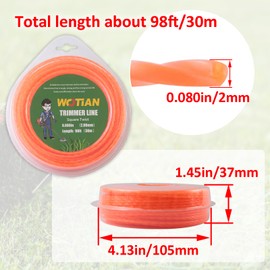 WOTIAN 080 Square Twisted Trimmer line 0.080-Inches Weed Eater String 98-Foot Square Twist Weed Wacker String of Nylon Compatible with Stihl Echo Universal Grass Cordless Electric Trimmer,Orange