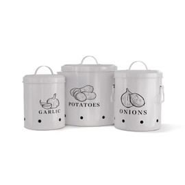 KooK Potato, Onion & Garlic Kitchen Storage Canisters, Rustic Farmhouse Containers with Aerating Holes, Vintage Vegetable Tins, Set of 3, 5 Liter, 2 Liter & 1 Liter (Slate Grey)
