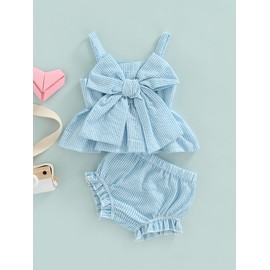 LYSINK Toddler Baby Girls Summer 2pcs Outfit Sleeveless Pleated Cutout Floral Tank Tops Stretch Ruffle Bloomers Shorts Sets (B-a-Blue, 9-12 Months)