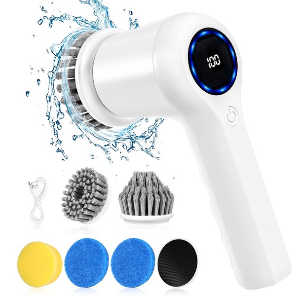 Electric Spin Scrubber,GRUTTI Power Scrubber Cordless Electric Shower Scrubber with Digital Display and 5 Replaceable Heads, 2 Adjustable Speeds,Cleaning Brush for Bathtub, Floor, Tile, Window