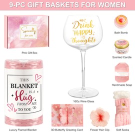 Birthday Gifts for Women, Rose Relaxing Spa Gifts Basket for Women, Christmas Gifts Box Kit with Wine Glass Blanket for Her Mom Wife Friend Sister Daughter Coworker