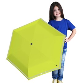 Knirps Rookie Manual Open Close Rain Umbrella - Compact Umbrella For Backpack - Windproof Travel Rain Umbrella for Kids - 90cm Diameter Retractable Umbrella with Reflective Safety Strip, Lime