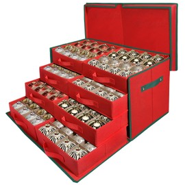 WDZREE Premium Large Christmas Ornament Storage,Box with Side Open, Drawer Style Trays -3" Compartment, 8 Trays, Keeps 128 Holiday Ornaments -Made of Durable 600D Oxford Fabric Tear-Proof Material
