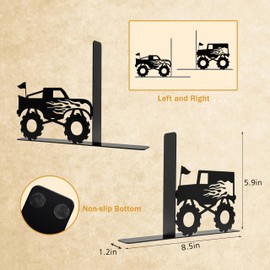 Kids Bookends for Books, Monster Truck Decor for Boys Room, Jam Decor Gift