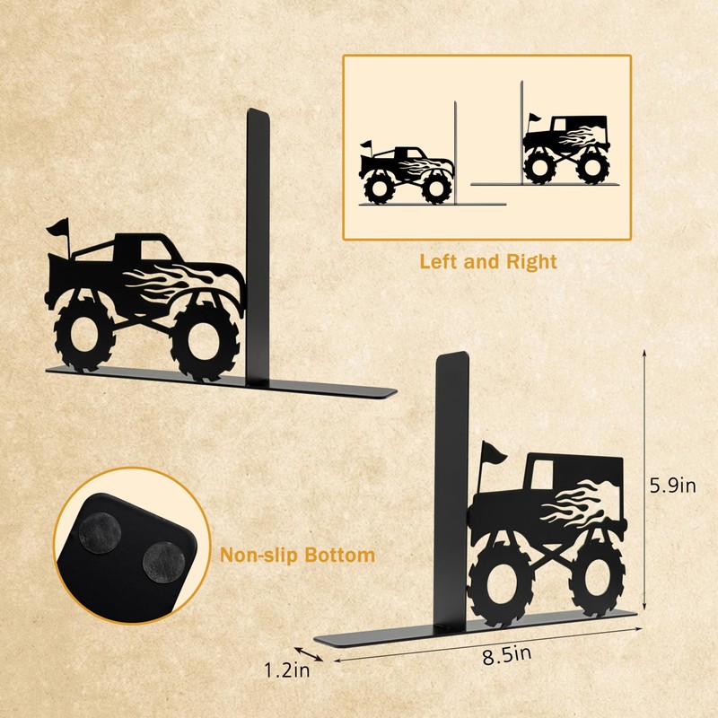 Kids Bookends for Books, Monster Truck Decor for Boys Room,