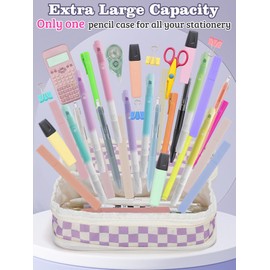 Large Capacity Pencil Case for Teens Girls - Cute Checkerboard Pencil Pouch with Zipper, Stationery Bag Box for Student Back to School Gifts, Purple