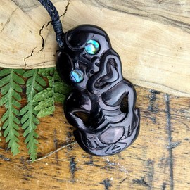 81stgeneration Women's Men's Hand Carved Horn Paua Abalone Eyes Large HEI Tiki Pendant Necklace