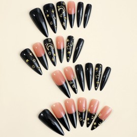 MISUD Stiletto Press on Nails Long Almond Fake Nails Glossy Glue on Nails Goth Black French Tip Acrylic Nails Sharp Arificial Nails Gold Star Moon False Nails with Design 24 pcs
