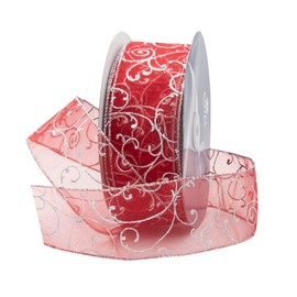 Royal Imports - Cinta de Navidad transparente con alambre de organza rojo con purpurina – borde plateado, 2.5 pulgadas (#40) diseño de remolino para flores, manualidades, decoración navideña, rollo de 50 yardas (carrete de 150 pies) a granel