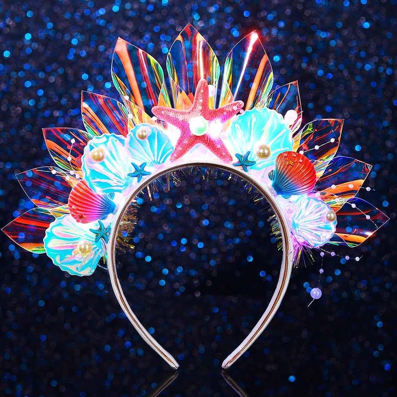 Evlry LED Crown Headband Luminous Shell Headpiece Glitter Starfish Beads