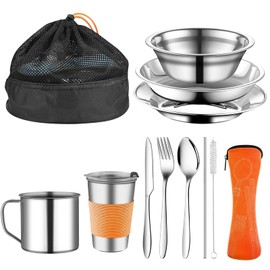 Hengrongshen Camping Crockery Orange 10 Piece Set Camping Cutlery Field Cutlery Forks Bowls and Basins Outdoor Tableware Outdoor Cutlery Set for Outdoor Travel Camping