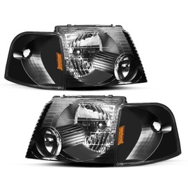 JSBOYAT Headlight Assembly Replacemen w/Corner Lights 4pcs for 2002-2005 Ford Explorer Headlamp Driver & Passenger Side (Black Housing with Amber Reflector)