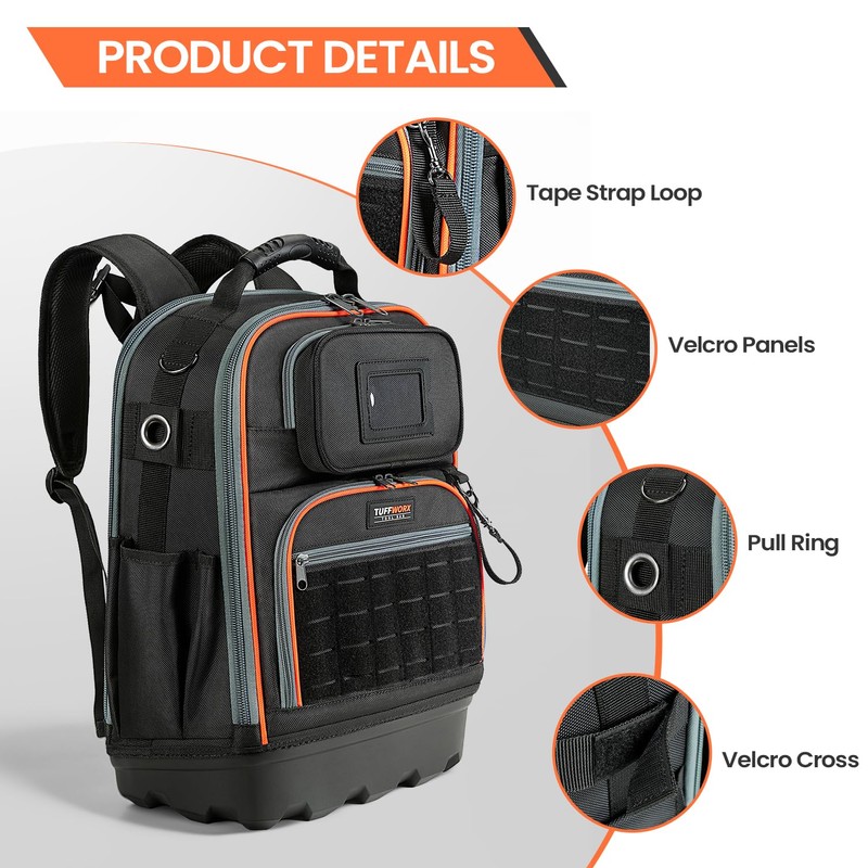 TUFFWORX Tool Backpack, 35 Pockets, 18.5 x 13.7 x 7.8