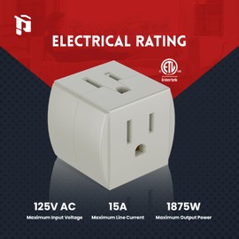PLUGTUL 3 Outlet Wall Adapter, 90 degree 3 Way Plug Adapter Cube Tap, 3 Prong Multi Plug Outlet, Outlet Extender for Home Office School Dorm, ETL Listed, Grey