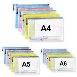 Logei Document Bag with Zip A4 + A5 + A6, Pack of 15 Zip Pocket File Pockets Waterproof Document Case, 5 Colours Zip Pouch Bag Mesh Bag for File Paper Documents Cosmetics